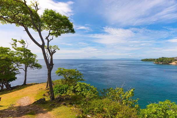 Trópusi kilátás felülről, pálmafa és gyönyörű ég - Fotó, kép