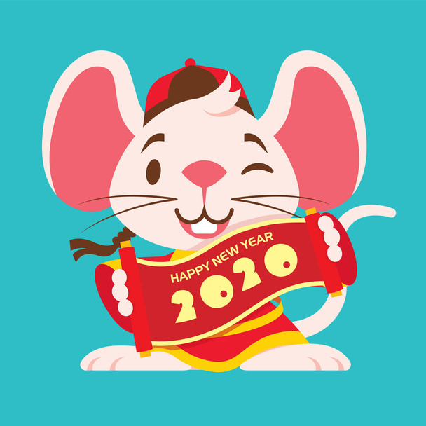 Roztomilá, šťastná bílá myš s velkými ušima a tradiční čínskou kabátem držící čínské svitky. Čínský Nový rok 2020. Rok krysy. -Znak maskota vektorové ploché kresby - Vektor, obrázek