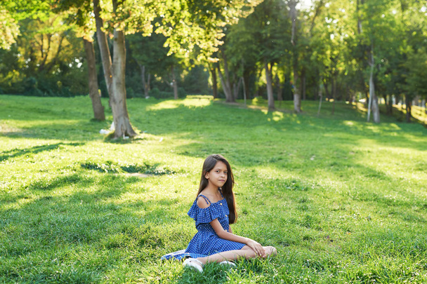 adolescente chica en la hierba en verano al atardecer
 - Foto, imagen