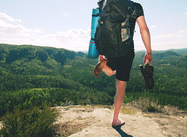 Freedom in world. Teenage male hiker on rocky mountain - Photo, Image