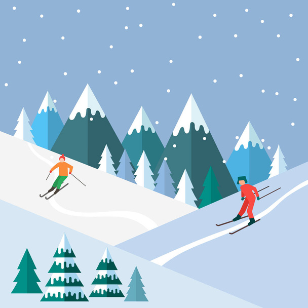 Η σεζόν του σκι στις χειμερινές Άλπεις. το χιονοδρομικό θέρετρο είναι ανοιχτό. - Διάνυσμα, εικόνα