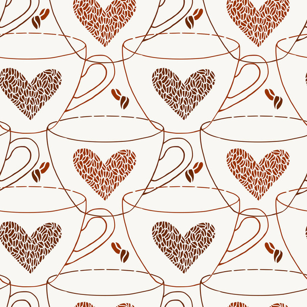 Coffee cups seamless pattern. Coffee bean hearts printable background. - Vector, Image