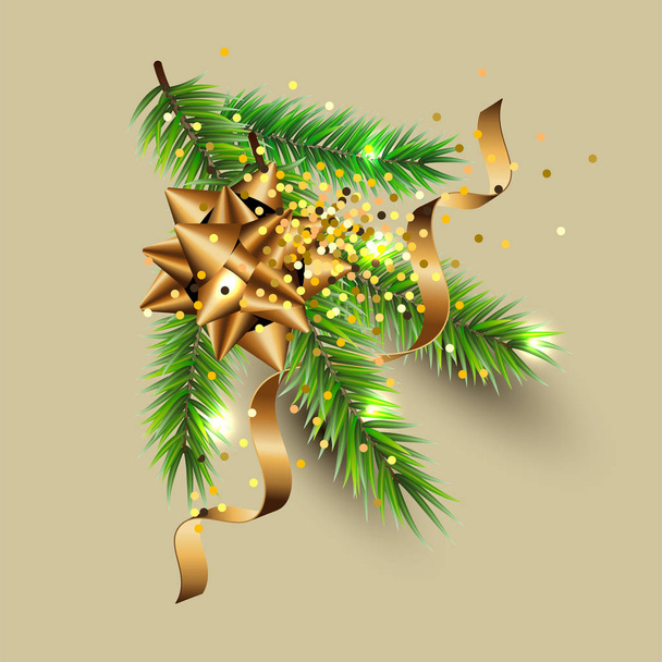 Christmas tree branch with golden confetti and streamer isolated on background. Design element for Merry Christmas and New Year greeting cards, flyer, poster, party invites. Vector illustration. - Vetor, Imagem