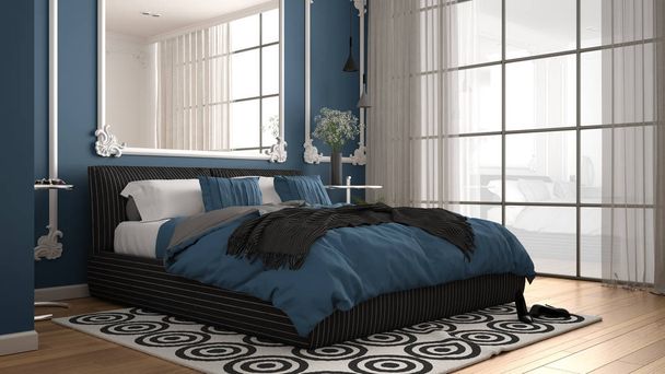 Μοντέρνο υπνοδωμάτιο με μπλε χρώμα σε κλασικό δωμάτιο με καλούπια τοίχου, παρκέ, διπλό κρεβάτι με πάπλωμα και μαξιλάρια, μινιμαλιστική κρεββατοκάμαρα, καθρέφτη και διακόσμηση. Ιδέα εσωτερικού σχεδιασμού - Φωτογραφία, εικόνα