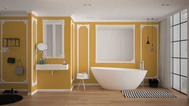 クラシックな客室、壁造形、寄木細工の床、カーペットやアクセサリー付きのバスタブ、ミニマリストシンクと装飾、ペンダントランプのモダンな白と黄色のバスルーム。インテリアデザインコンセプト - 写真・画像
