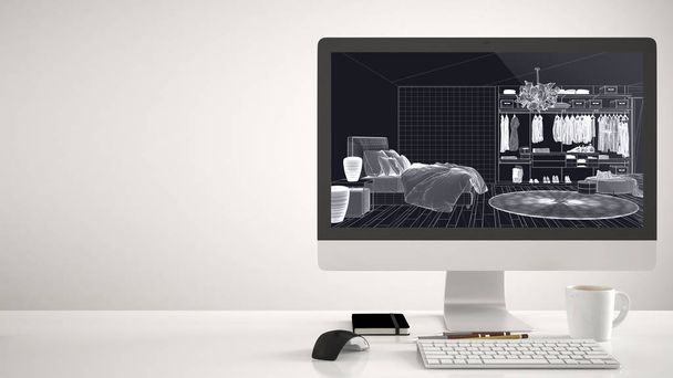 Architect house project concept, desktop computer on white background, work desk showing CAD sketch, modern bedroom with walk-in closet interior design - Foto, imagen