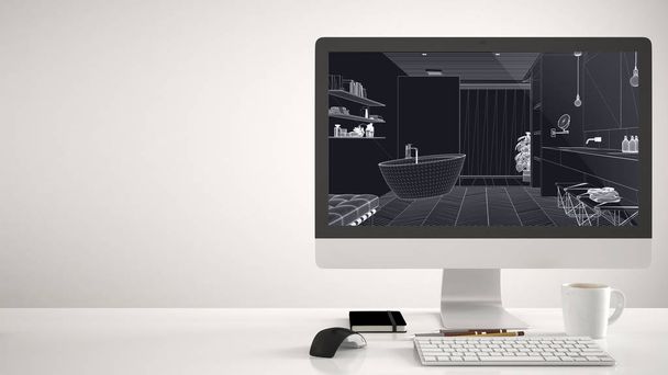 建築家の家のプロジェクトの概念、白い背景にデスクトップコンピュータ、Cadスケッチを示すワークデスク、バスタブのインテリアデザインとモダンなバスルーム - 写真・画像