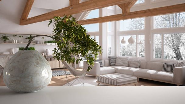 Полка белого коврика с круглой мраморной вазой и бонсай в горшке, зеленые листья, над гостиной с диваном и креслом, современный дизайн интерьера, дзен чистой идеи архитектуры
 - Фото, изображение