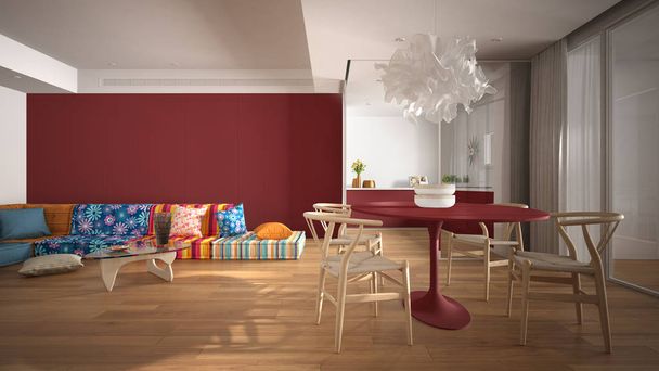 Сучасна барвиста вітальня з кухнею та обіднім столом, диван з подушками, журнальний столик, велике панорамне вікно, підвісна лампа, паркет. Концепція дизайну білого і червоного інтер'єру
 - Фото, зображення