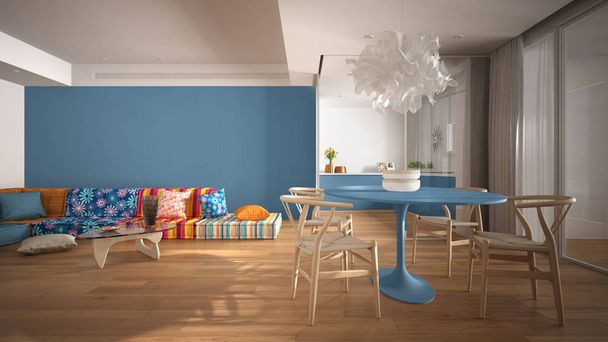 Nowoczesny kolorowy pokój dzienny z kuchnią i stołem, sofa z poduszkami, stolik kawowy, duże panoramiczne okno, Lampa wisząca, parkiet. Biała i niebieska koncepcja wystroju wnętrz - Zdjęcie, obraz