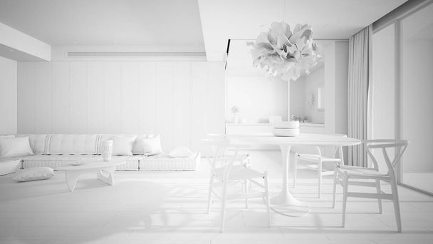 Proyecto blanco total de sala de estar minimalista con cocina y mesa de comedor, sofá con almohadas, mesa de centro, lámpara colgante, gran ventana panorámica, idea de concepto de arquitectura moderna
 - Foto, Imagen