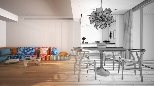 Arkkitehti sisustussuunnittelija käsite: keskeneräinen projekti, joka tulee todellinen, minimalistinen olohuone keittiö ja ruokapöytä, lamppu, panoraama ikkuna, moderni arkkitehtuuri käsite
 - Valokuva, kuva