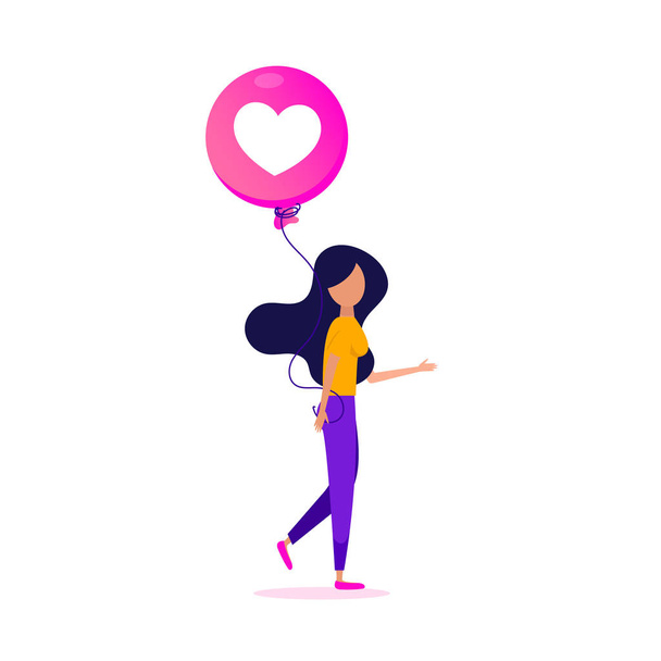 Любит в социальных сетях. Креативный плакат с молодой девушкой с воздушным шаром любви в руках
. - Вектор,изображение