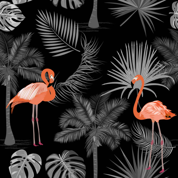 Vektor trópusi dzsungel varrat nélküli mintával flamingó, pálmafa - Vektor, kép
