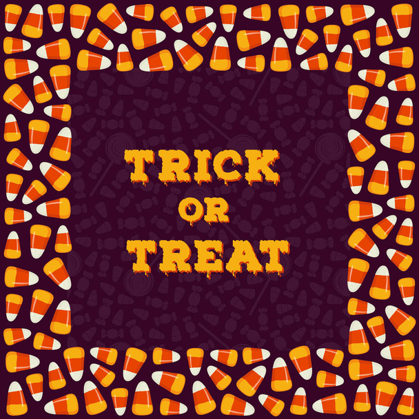 Happy Halloween greeting card, poster. Trick or treat concept background. Traditional holiday sweets, candy corns - Vektör, Görsel