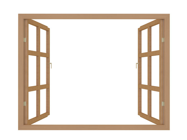 Open houten raam op witte 3D-rendering - Foto, afbeelding