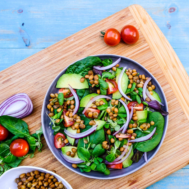 Healthy Avocado And Lentil Vegetarian Or Vagan Salad - Photo, Image
