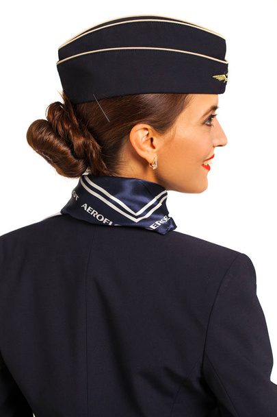 RUSSIA, MOSCOW: 21 SEPTEMBER 2019. Beautiful stewardess dressed  - Photo, image