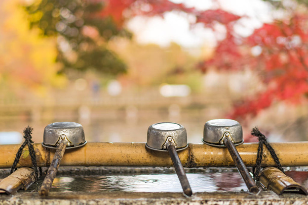 秋に吉祥寺市猪頭公園の清めの盆地にある3つの水の柄杓. - 写真・画像