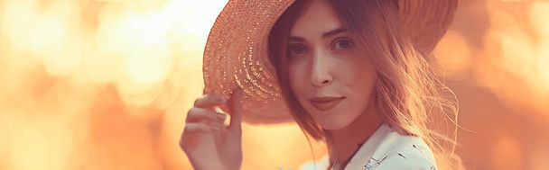 happy romantic girl in a straw hat / young model in a dress summer day, happiness woman - Photo, Image