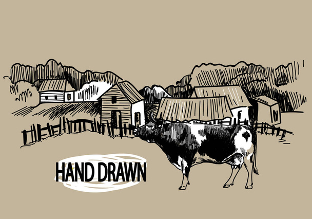 村、小さな牧場。フェンスの外の木造住宅。ヴィンテージスタイルで手描き。牛。牛は牧草地に立っている. - ベクター画像
