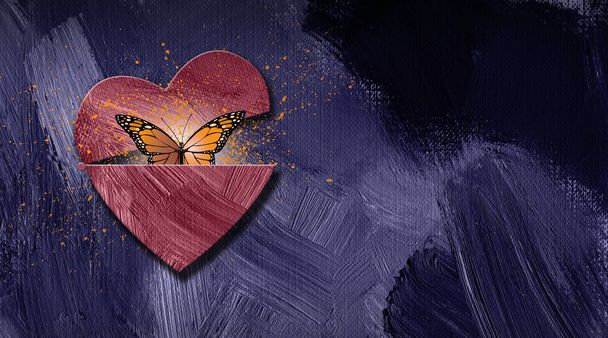Graphic abstract butterfly escapes opening heart background - Photo, Image
