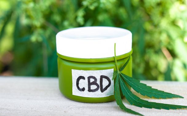 Hemp CBD cream, medical marijuana and cream in jar, legal light  - Фото, изображение