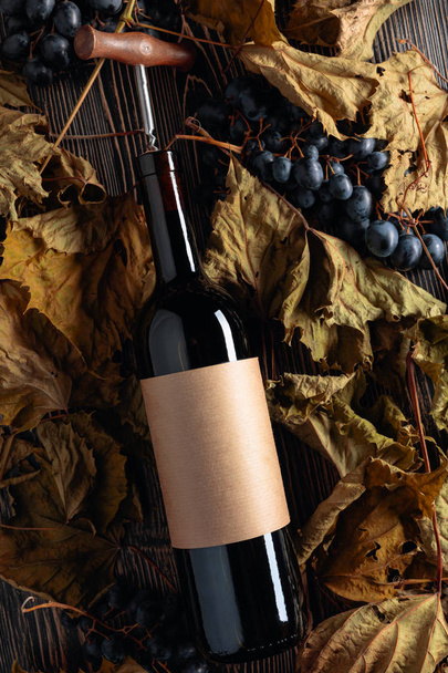 Bottle of red wine with corkscrew. On a table dried vine leaves  - Fotografie, Obrázek