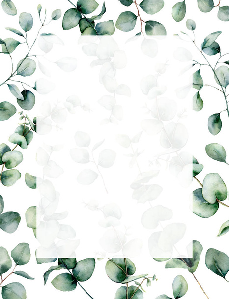 Aquarell Eukalyptus Einladungskarte. handbemalte Eukalyptuszweige und Blätter isoliert auf weißem Hintergrund. Florale Illustration für Design, Druck, Stoff oder Hintergrund. - Foto, Bild