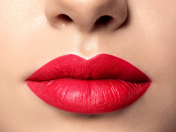 Close up view of beautiful woman lips - 写真・画像