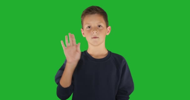 Głuchy chłopiec podpisujący Znam język migowy, komunikację dla niesłyszących. Zielony ekran - Materiał filmowy, wideo