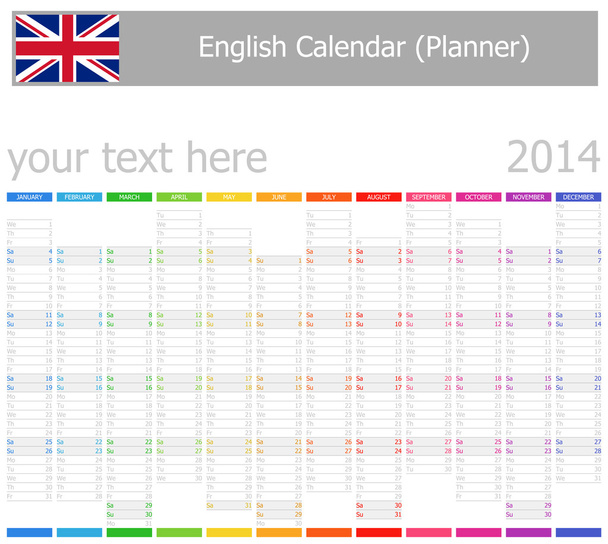 2014 Anglais Planner-2 Calendrier avec mois verticaux
 - Vecteur, image