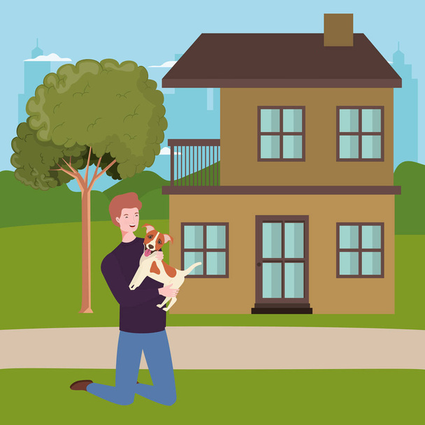 człowiek podnoszenia maskotka psa w domu na zewnątrz - Wektor, obraz