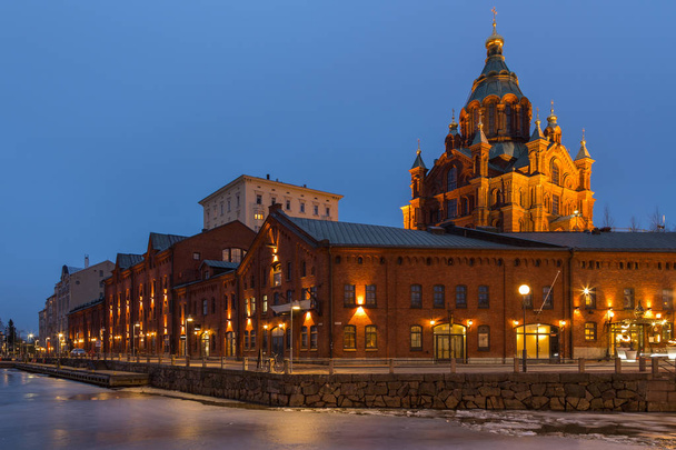 View of old red brick buildings on the waterfront, Helsinki, Finland. - Fotó, kép
