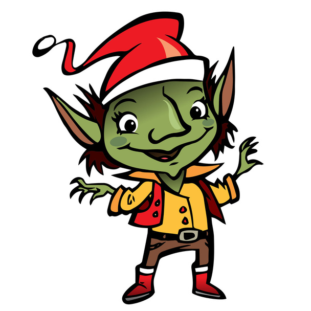 szczęśliwy uśmiechający się elf Świętego Mikołaja kreskówka - Wektor, obraz