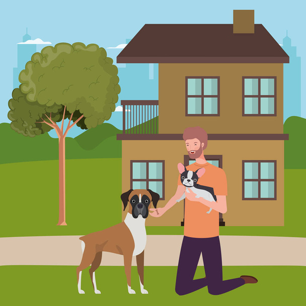 young man with cute dogs mascot in the outdoor house - Vector, Image