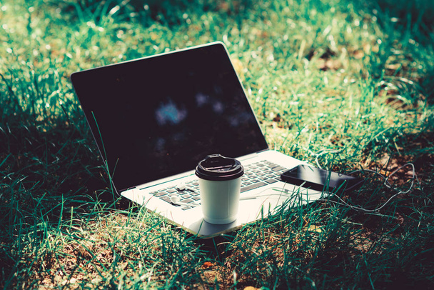 Laptop modern smartphone with earphones and coffee cup on green grass. Coffee break outdoors. Summer park. Work and relax in natural environment. Green office. Its coffee time. Coffee take away - Foto, afbeelding