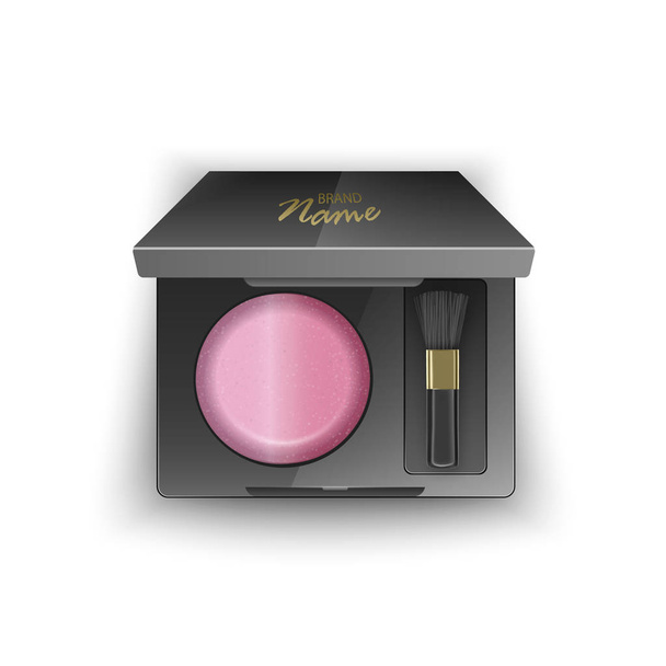 Vektor Blusher von rosa Farbe, in Kunststoffhülle mit schwarzer Farbe mit Make-up-Pinselapplikator und Spiegel. Draufsicht isoliert auf weißem Hintergrund - Vektor, Bild