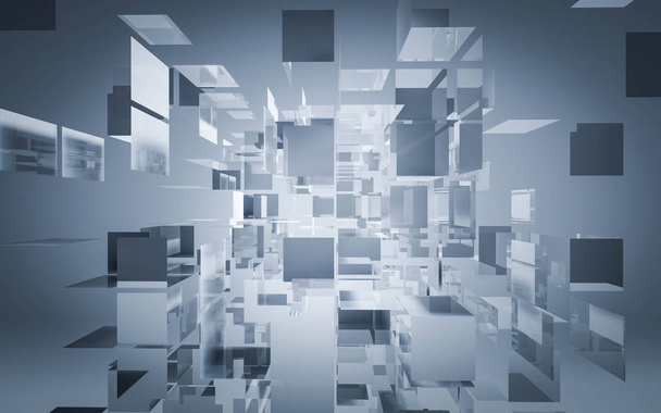 Abstracte 3D-rendering van het oplossen van witte en blauwe kubussen - Foto, afbeelding