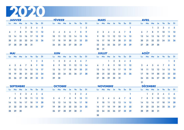 Μπλε 2020 γαλλικό ημερολόγιο. Εκτυπώσιμη εκδοχή τοπίου - Διάνυσμα, εικόνα