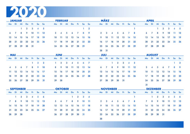 ブルー2020ドイツ暦。印刷可能なランドスケープバージョン - ベクター画像