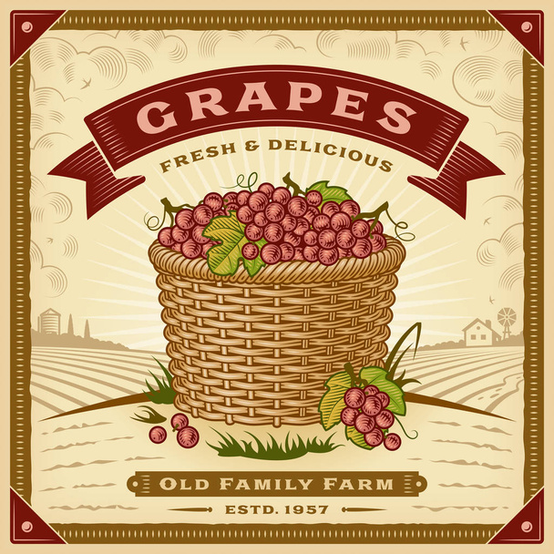 Retro grapes harvest label with landscape. Editable EPS10 vector illustration with clipping mask and transparency in woodcut style. - Διάνυσμα, εικόνα