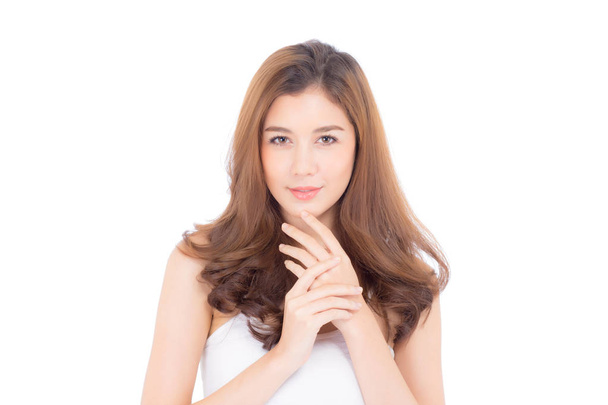 Portrait de belle femme asiatique maquillage de cosmétique, main de fille
  - Photo, image