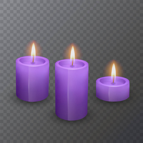 Realistic candles of purple color, Burning candles on dark background, vector illustration - Vektor, Bild