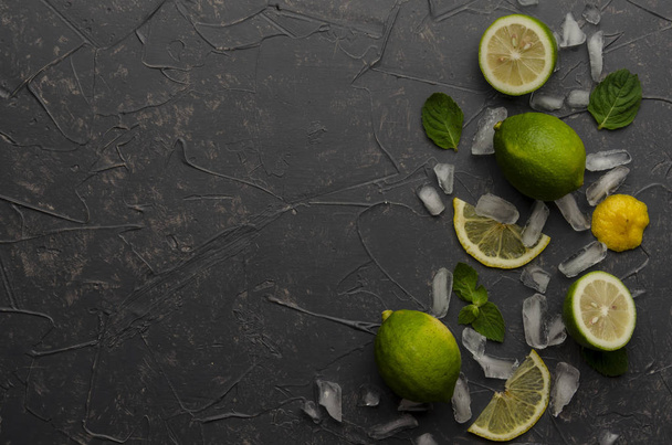 Ingredients for making mojito on grey concrete or stone background. Top view. - Photo, image