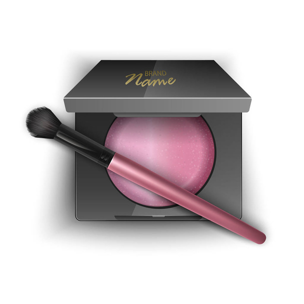 Blusher vetorial de cor rosa, em caixa de plástico de cor preta com aplicador de pincel de maquiagem e espelho. Top View Isolado em fundo branco
 - Vetor, Imagem