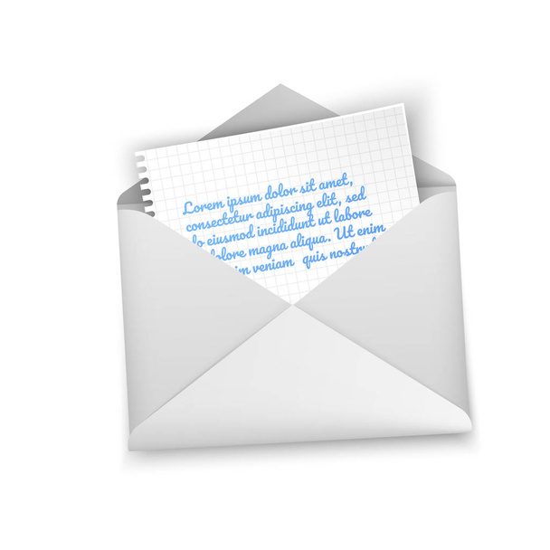 Realistic envelope of white color, open envelope with letter inside on white background. Vector illustration mockup - Vector, Image