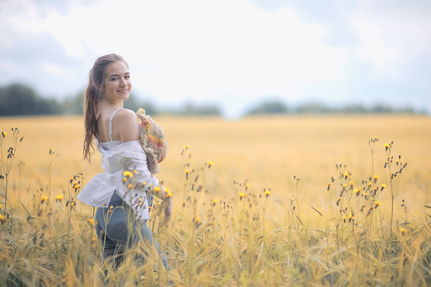 young adult sexy girl in the field / summer happiness concept, beautiful woman - Photo, Image