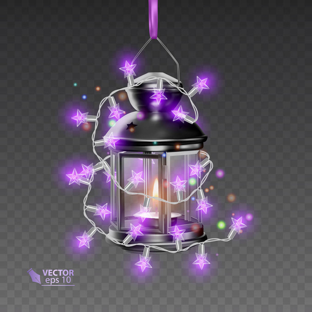 The Magic lamp of black color, surrounded by luminous garlands, realistic lamp on transparent background, vector illustration - Vector, Image