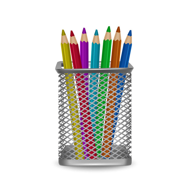 Escritório de lápis colorido realista e artigos de papelaria na cesta em fundo branco, ilustração vetorial
 - Vetor, Imagem